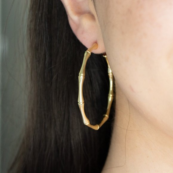 Gold Hoop Earrings, Bamboo Earrings, Thin Hoop Earrings, Bamboo Hoops - Picture 2 of 3